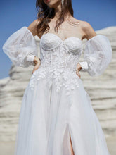 Beige Tulle Wedding Dresses With Long Puffy Sleeves Champagne Lining Elegant High Slit Bridal Gown With Lace Lace Up Back With Train